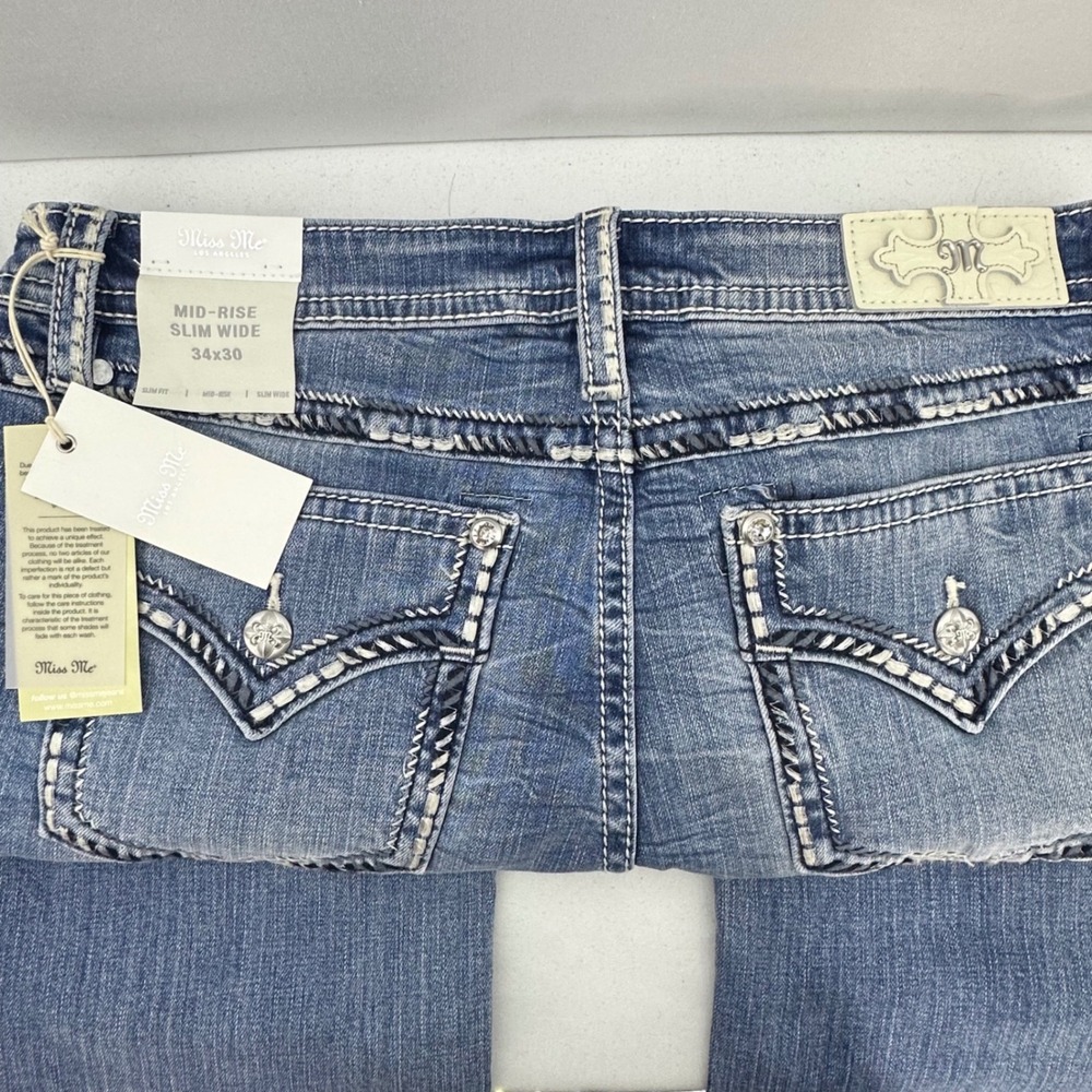 Miss Me Mid Rise Slim Wide Jeans W34 L30 Y2K Bling Thick‎ Stitch Bootcut NWT - Picture 12 of 16